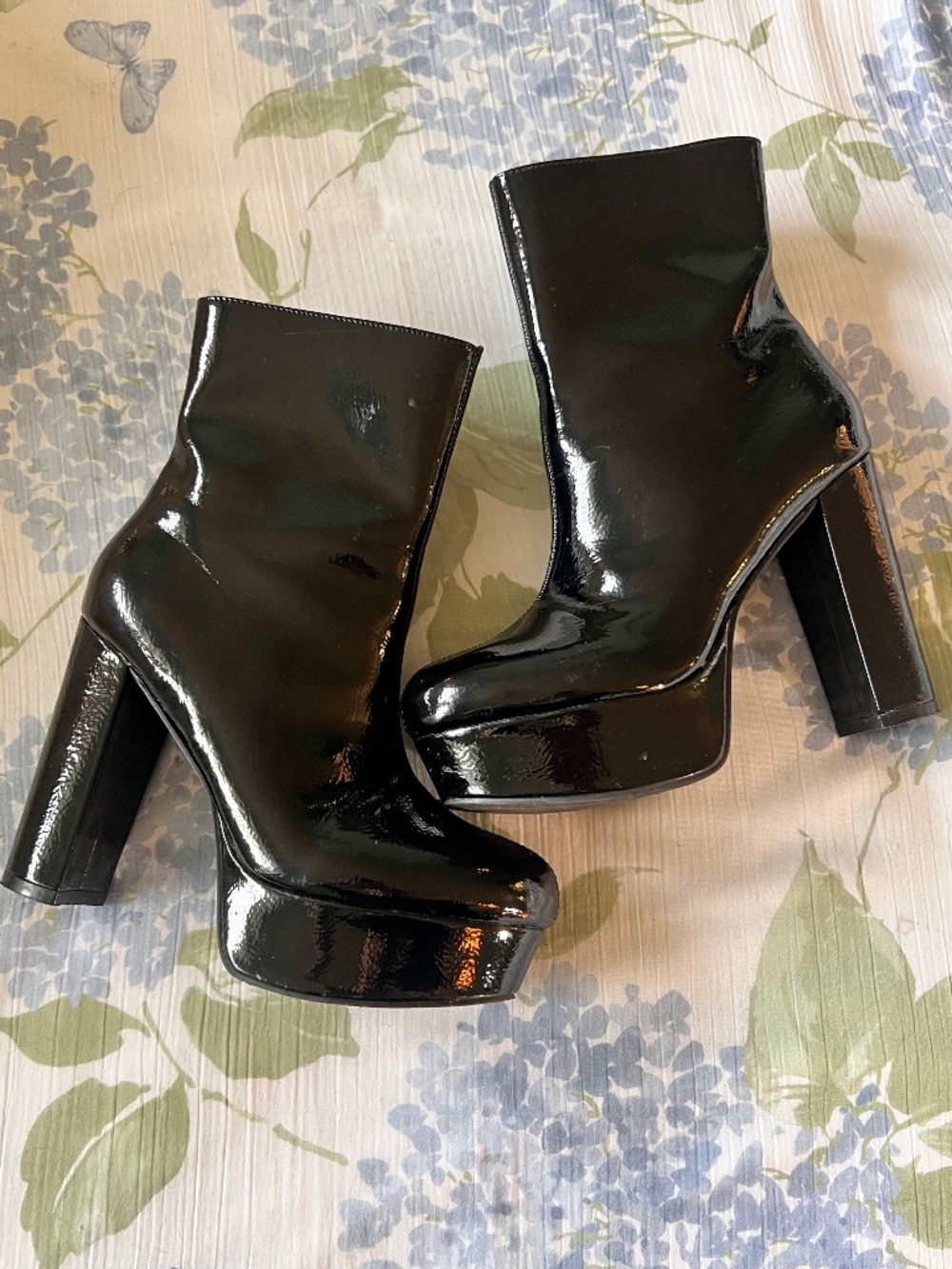 Black patent leather platform boots